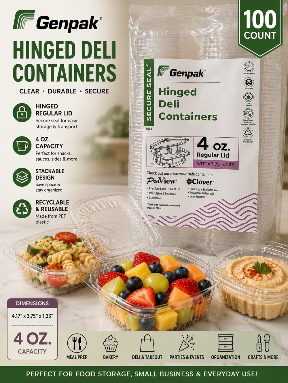 Genpak Hinged Deli Containers 4 Oz 100 Count Clear PET Food Storage NWT